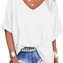 Langwyqu Women's Oversized T Shirts V Neck Short Sleeve Summer Casual Loose Tops Tee, Large