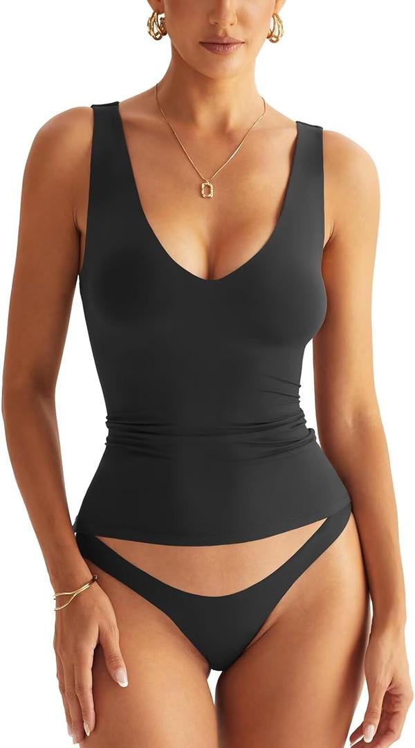 Womens V Neck Tank Tops Sleeveless Double Lined Basic Tops Slim Fit Summer Shirts 2025 (Medium, Black)