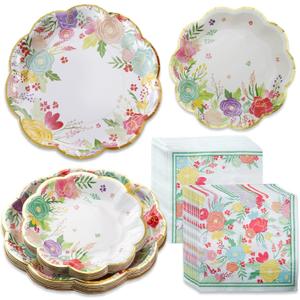 Kate Aspen Garden Blooms 62pc Paper Plates Napkins, 16pcs 7 inch & 16pcs 9 inch Heavy Duty Disposable Party Plates, 30pcs 6.5 inch Durable Paper Napkins for Bridal Shower, Baby Shower, Wedding Party