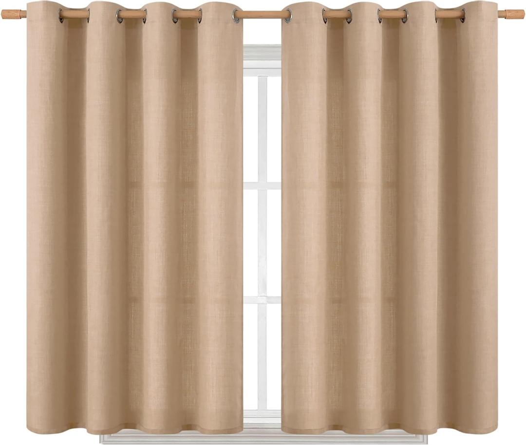 BGment Short Curtains for Bedroom,54 inch Length Faux Linen Curtains for Small Window Grommet Non-See Through Privacy Light Filtering Burlap Textured Kitchen Window,2 Panels,52 x 54 Inch,Tan