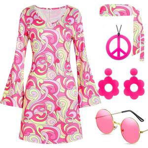60s 70s Disco Outfit Hippie Costume Women, 1970 Style Clothes Dress Peace Sign Accessories Jewelry Halloween (Medium, Pink)