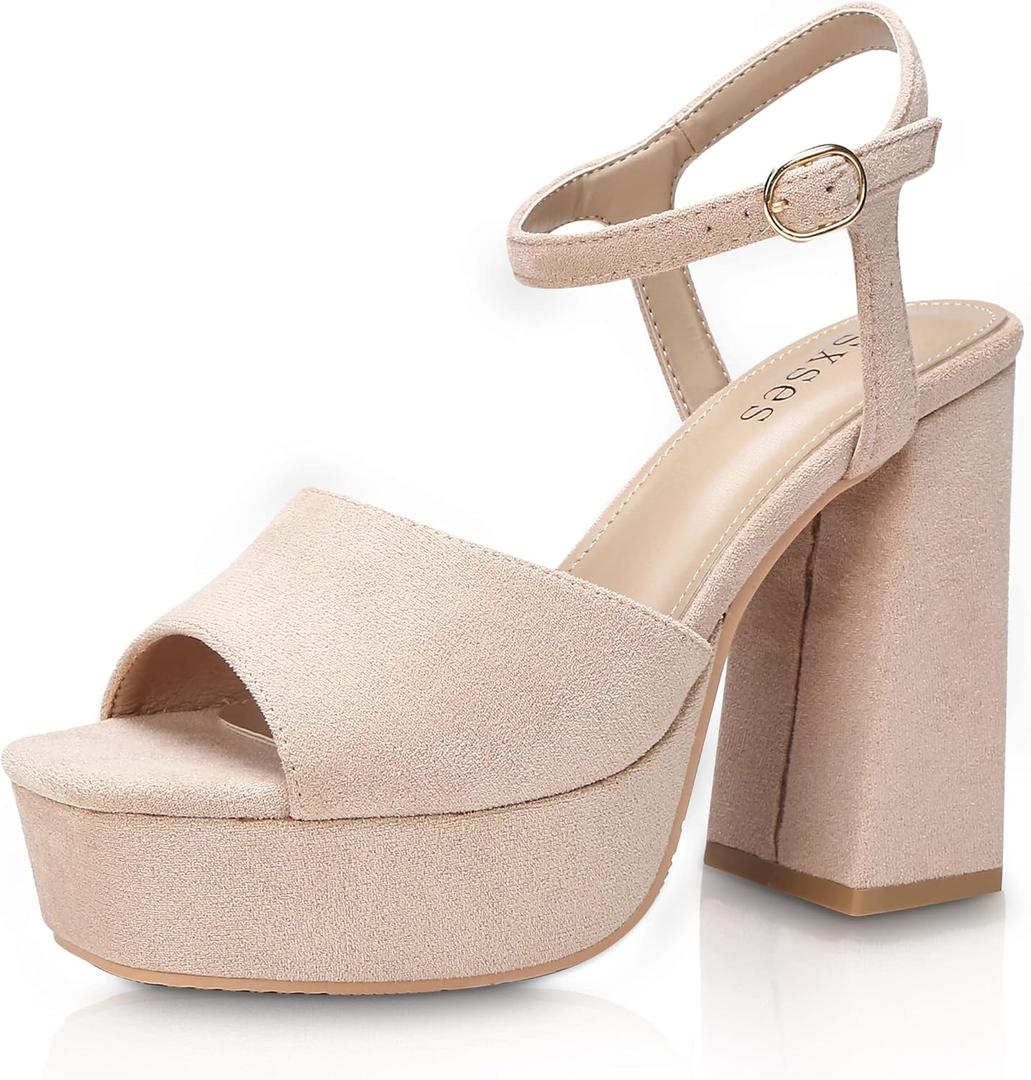 rsxses Women's Chunky Open Toe Ankle Strap Heels, Suede Size 9 Nude Wedding Party Evening Prom Dress Pump Sandals