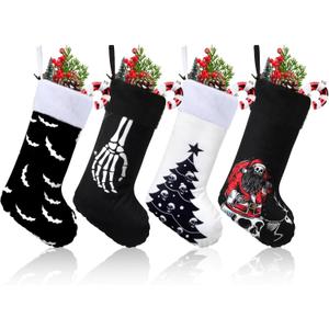 Realspring 4 Pcs Black Christmas Stockings Black and White Goth Christmas Stockings with Plush Cuff Classic Fireplace Hanging Ornament Family Holiday Party Decoration