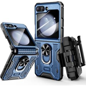 VEGO for Samsung Flip 5 Case with Belt Clip Holster, Hinge Protection with 360Ring Magnetic Kickstand & Camera Screen Protector Heavy Duty Protective Armor Cover - Blue