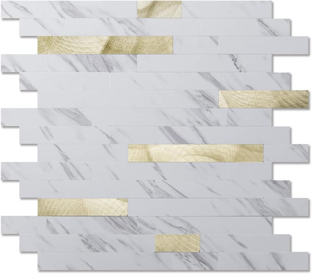 Art3d 10-Sheet Peel and Stick Backsplash Tile for Kitchen Bathroom Fireplace Laundry Room in White Slate with Gold Studded (13.4" x 11.8")