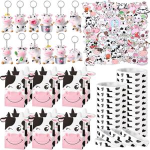 Fumete 86 Pcs Cow Party Favors Supplies Include Cow Keychain Party Paper Bags Keychains Cow Silicone Bracelets Vinyl Stickers for Girls Kids Baby Shower Treat Goodie Birthday Supplies