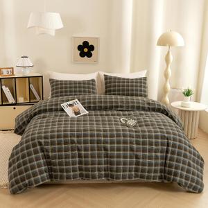 ECOCOTT Cotton 3 Pcs Duvet Cover Set Linen Feel Brown & Blue Plaid Queen
