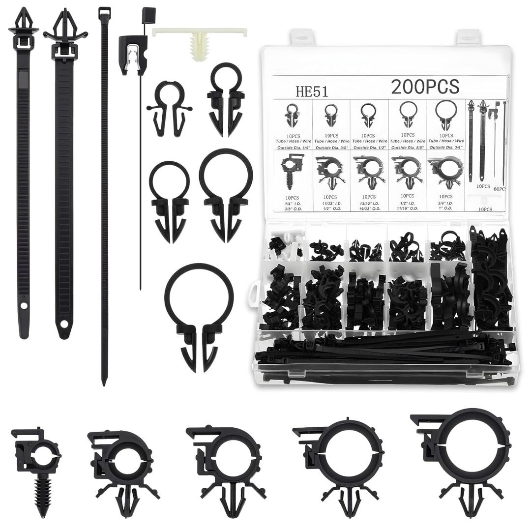 200Pcs Car Wire Loom Routing Clips Assortment, Nylon Car Push Mount Cable Tie Black Push Mount Zip Ties Wire Loom Clips Harness Clip Replacement Parts for Automotive