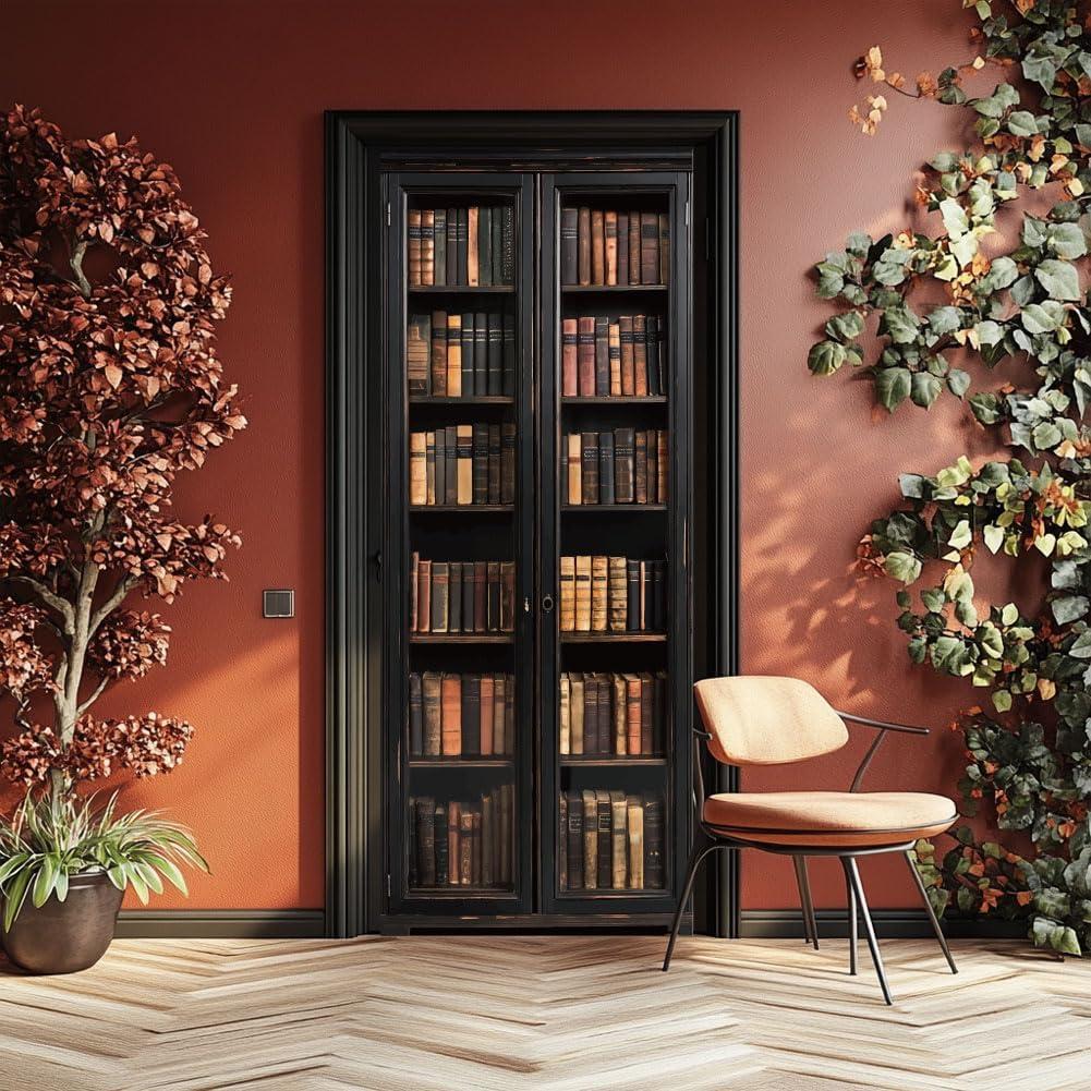 Arricraft 2 Pcs Self-Adhesive Door Sticker, 31.5"x78.7" Book Shelf Pattern Door Murals Stickers PVC Wall Removable Wallpaper Decoration for Christmas Bedrooms Living Room