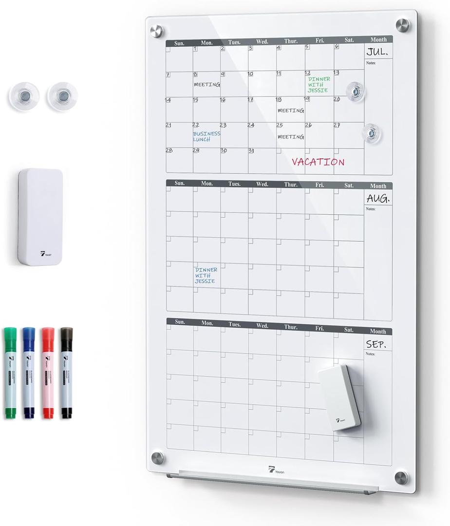3-Month Vertical Layout 24'' x 36'' Magnetic Glass Dry Erase Calendar Board for Wall, Whiteboard Planner, Reusable Monthly Frameless Quarterly Whiteboard for Office, Home & Classroom with Accessories