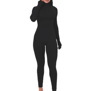 YIMISAN Women's Long Sleeve One Piece Bodycon Leggings Jumpsuits High Neck Sexy Tights Outfit Long Sleeve Rompers (Large, Black)
