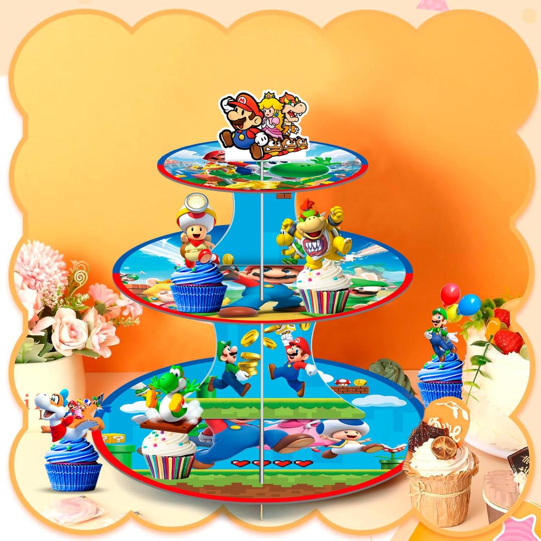 Acellegic 2 Pack Super Mario Cupcake Stand 3 Tier Super Mario Birthday Party Decorations Cupcake Stand Toppers Display Dessert Holder for Birthday Party Supplies