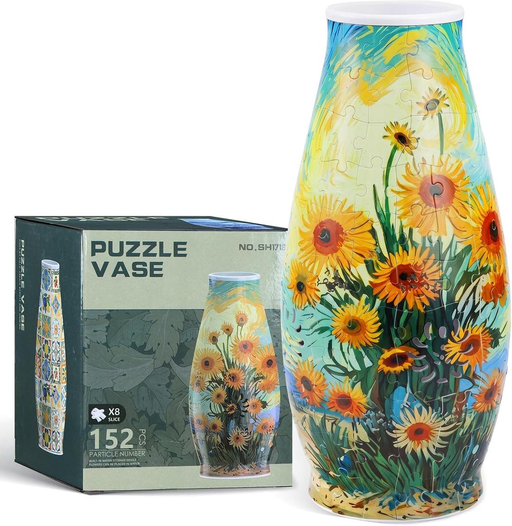 BELEEV 3D Puzzle Vase for Adults, 152 Pieces DIY Plastic Flower Vase, Compatible with Block Flowers, Unique Home & Office Decor, Housewarming and Birthday Gift for Flower Arrangements (Sunflower)