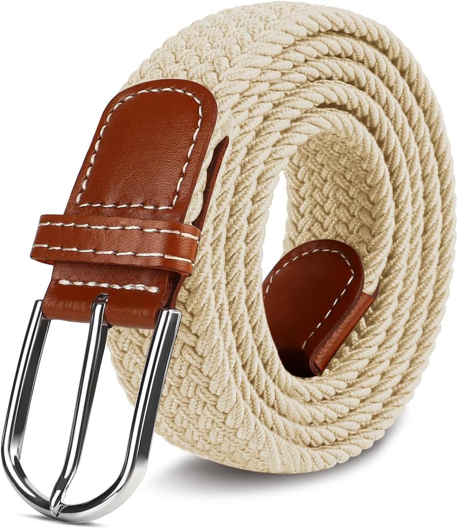 3 x Multicolored Woven Stretch Belt for Men and Women, Braided Elastic Golf Belts Jeans Casual Pants Sport Belt (Beige)