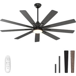 warmiplanet Ceiling Fans with Lights and Remote Control, 62-Inch, Reversible Silent DC Motor, 6 Speeds, 3 Color Dimmable LED Light, Timer, Black, 9-Blades