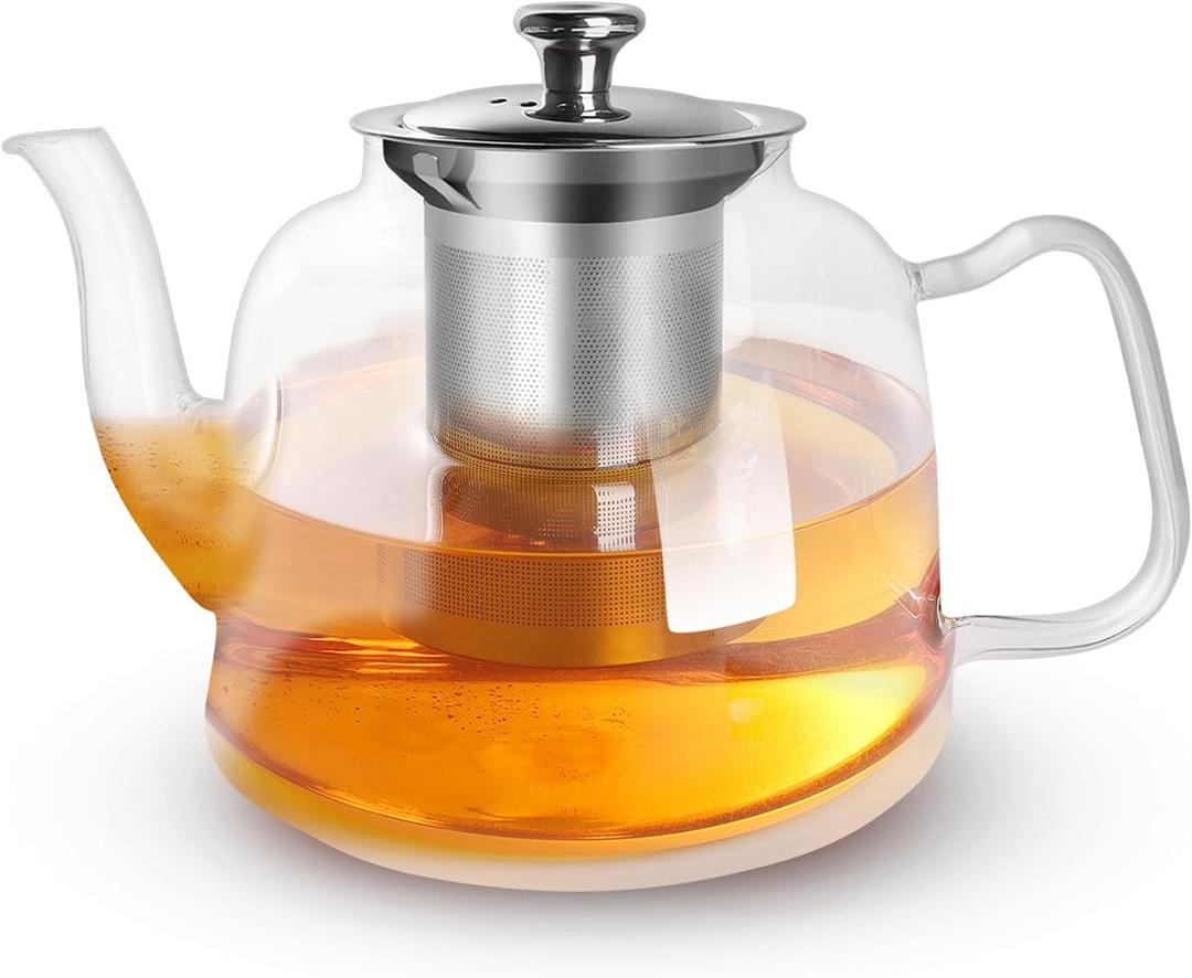 Glass Teapot with Infuser and Lid, 1300ml/43oz Borosilicate Glass Teapot with Stainless Steel Mesh Infuser for Loose Leaf & Blooming Tea, Stovetop & Microwave Safe