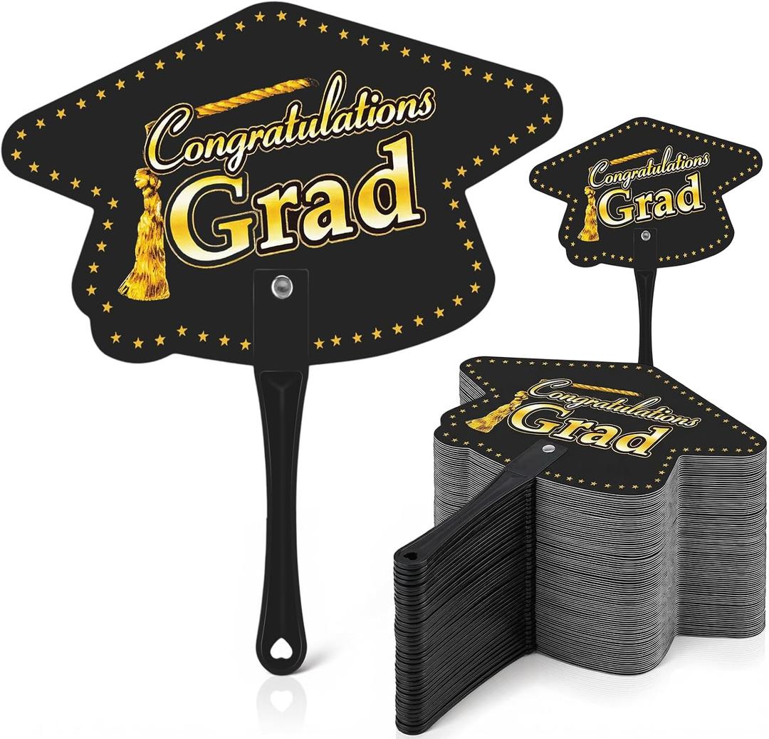 50 Pcs Graduation Hand Fans Bulk, Class of 2026 Grad Cap Themed Plastic Hand Fans with Handle, Black and Gold Graduation Photoshoot Props Party Favors Gifts for Ceremony Decorations Supplies