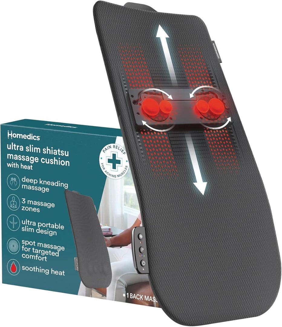 Homedics Ultra Slim Shiatsu Massage Cushion with Heat  Full Back Coverage, Deep Kneading Massage, 3 Zone Control (Upper/Lower/Full), Soothing Heat, Slim Profile, Portable Design, Fits Most Chairs