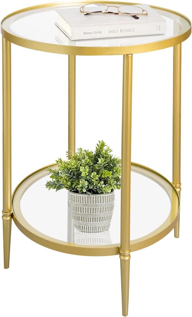 GIFTTROVE 2 Tier Round Side Table, Gold End Table with Glass Top, Modern Metal Clear Coffee Tables, Small Accent Tables for Living Room, Bedroom, 18" x 18" x 24"