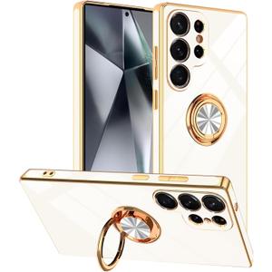 Tnarru Designed for Samsung Galaxy S25 Ultra Case with Ring Stand, Support Magnetic Car Mount Rotatable Finger Holder Soft TPU Cover Plating Edge Protective Slim Phone Case for Galaxy S25 Ultra White