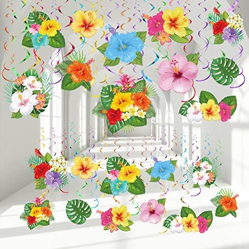 Outus 30 Pieces Hawaiian Luau Birthday Party Hanging Swirl Decorations, Flower Tropical Palm Flamingo Sign Foil Ceiling Decor for Floral Tropical Party Summer Beach Pool Tiki Supplies(Flower)