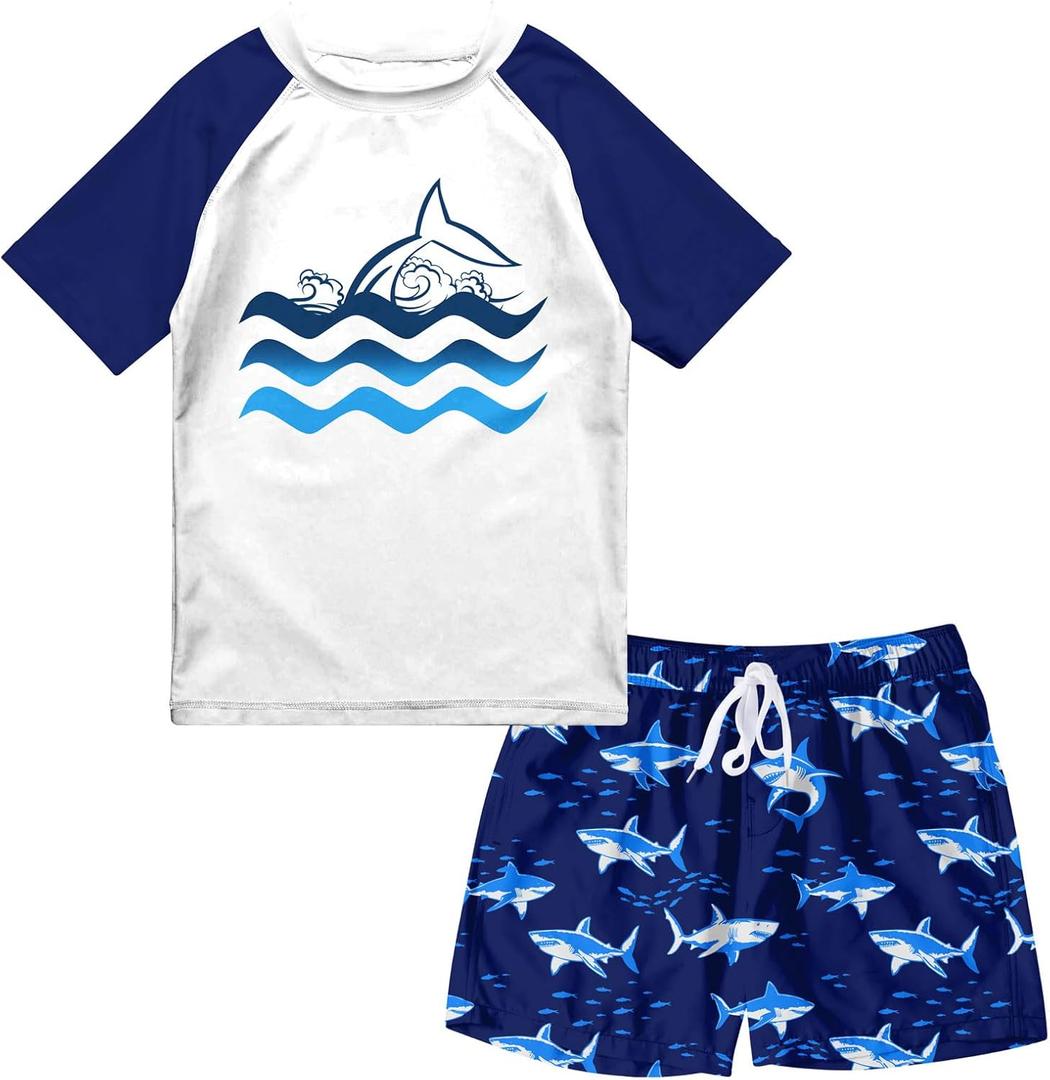 Boys Two Piece Rash Guard Swimsuits Sets Bathing Suits with Trunks 4-12 Years (5-6 Years, A2 Navy Blue)