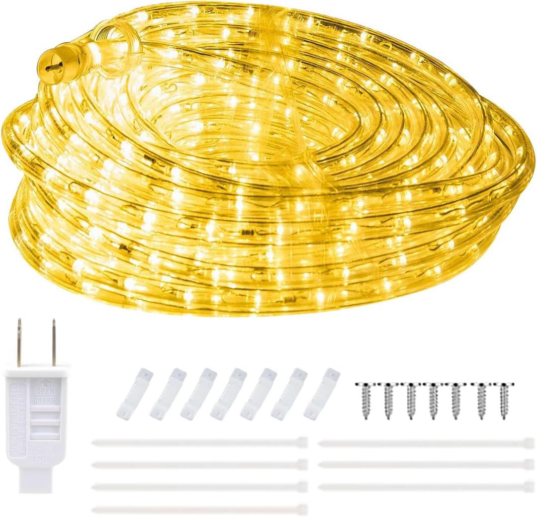 20ft 3000k LED Rope Lights, IP65 Waterproof Connectable 144LED Warm White Rope Lighting, Flexible Plug-in String Lights for Camping Outdoor Indoor Patio Christmas Halloween Party Decoration