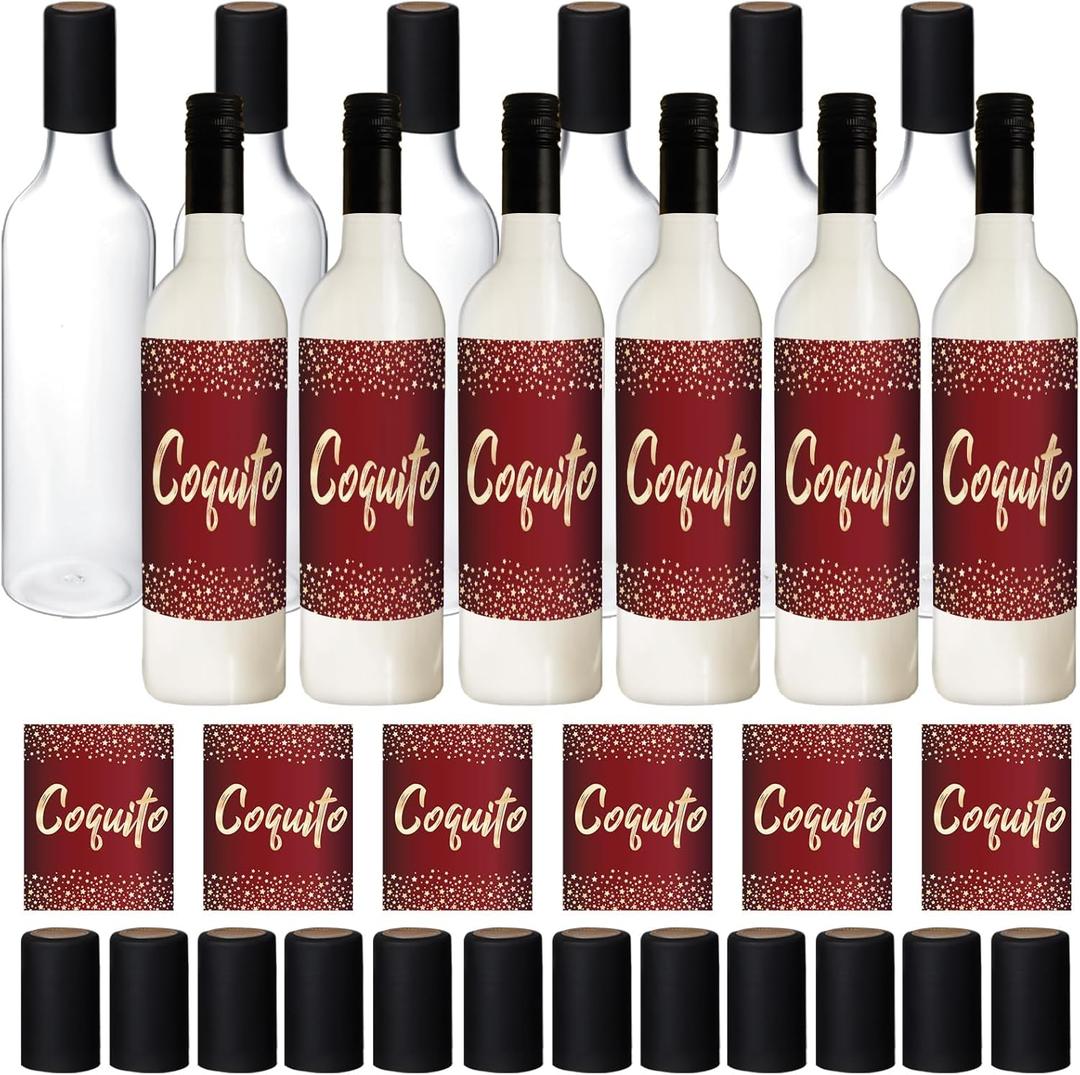 Maxcheck 12 Set 25 oz Christmas Coquito Bottles Plastic Wine Bottles Christmas Botellas Para Coquito with Caps Label Stickers 750ml Empty Brewing Container for Bar Party(Clear,Beautiful)