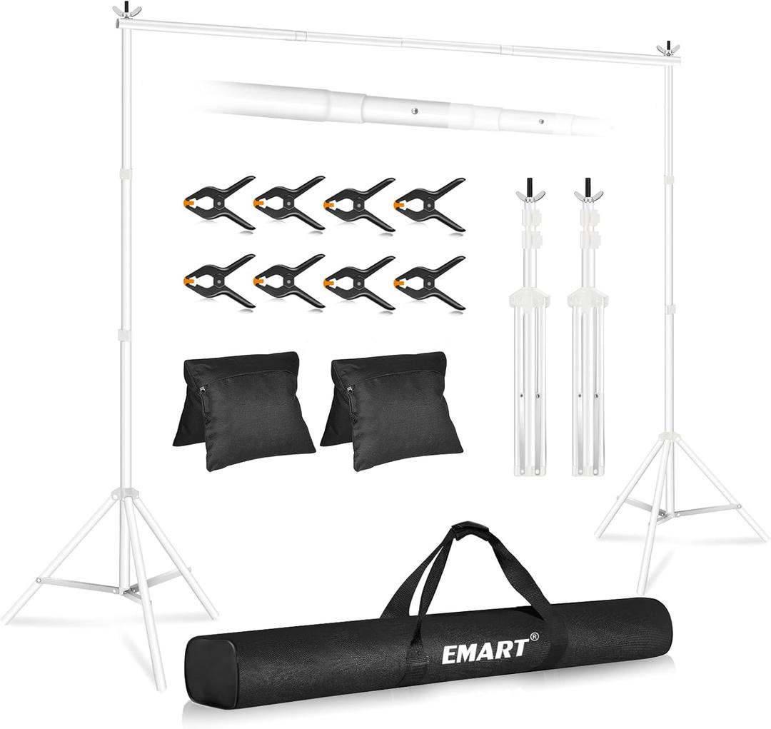 EMART Backdrop Stand 10x7ft(WxH) Photo Studio Adjustable Background Stand Support kit with 2 Crossbars, 8 Clamps, 2 Sandbags and Carry Bag for Parties, Events Decoration, Wedding, Photography -White (10x7ft, White)