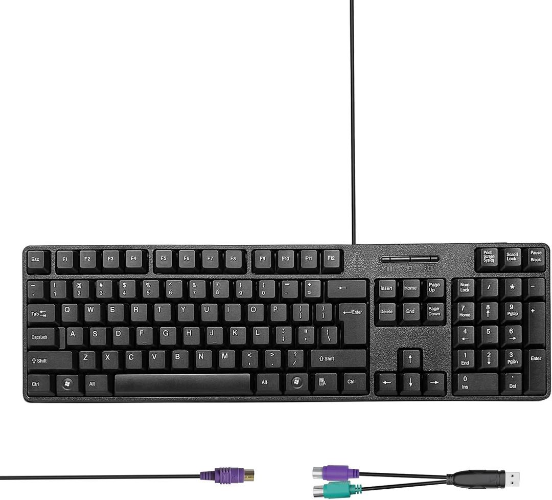 Wired PS2 104 Keys Computer Keyboard with PS2 to USB Adapter, Stands, Waterproof - US Layout Compatible for Windows, PC, Laptop, Black