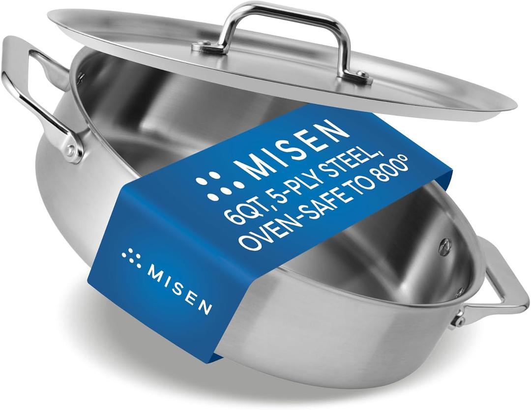Misen 5-Ply Stainless Steel 6QT Rondeau Wide, Flat Cooking Surface - Even Heating, Perfect Searing - Durable, Versatile Cookware Oven-Safe to 800F, Induction Compatible
