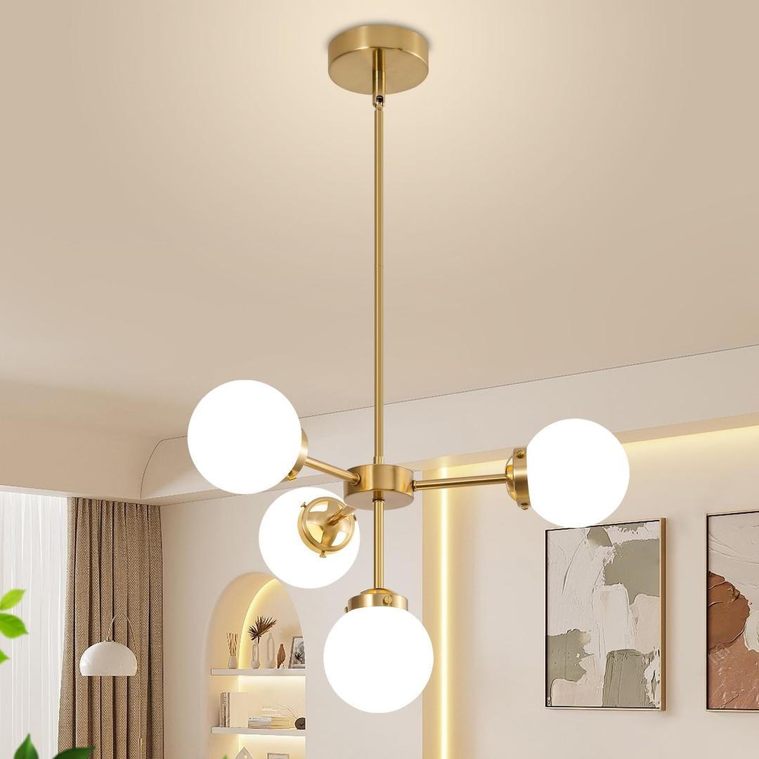 Gold Sputnik Chandelier 4-Light Globe Sputnik Ceiling Light Fixture Mid Century Sputnik Chandeliers with Milk Glass Shade (4-Light (Gold))