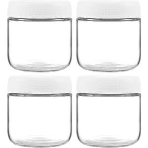 4 Pack Glass Clear Storage Canister with Airtight Lid, 12oz Overnight Oats Containers, Small Cute Decorative Pantry Jar for Snacks, Yogurt, Cereal, Fruit, Salad, Spice, Sugar, Coffee - White