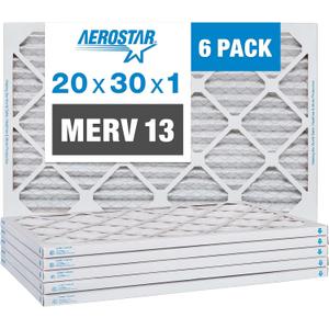 Aerostar 20x30x1 MERV 13 - 6 Count - Pleated HVAC, Furnace & Air Conditioner Filters - Removes Bacteria, Dust, Cold & Flu Germs, Lint, Mold, Pet Dander, Allergy-Causing Pollen, Smog, Smoke & Viruses