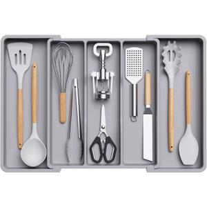 Lifewit Utensil Organizer for Kitchen Drawers, Expandable Cooking Utensil Tray, Adjustable Cutlery Silverware Flatware Holder, Plastic Kitchen Spatula Tools and Gadgets Storage Divider, Large, Gray (Gray)