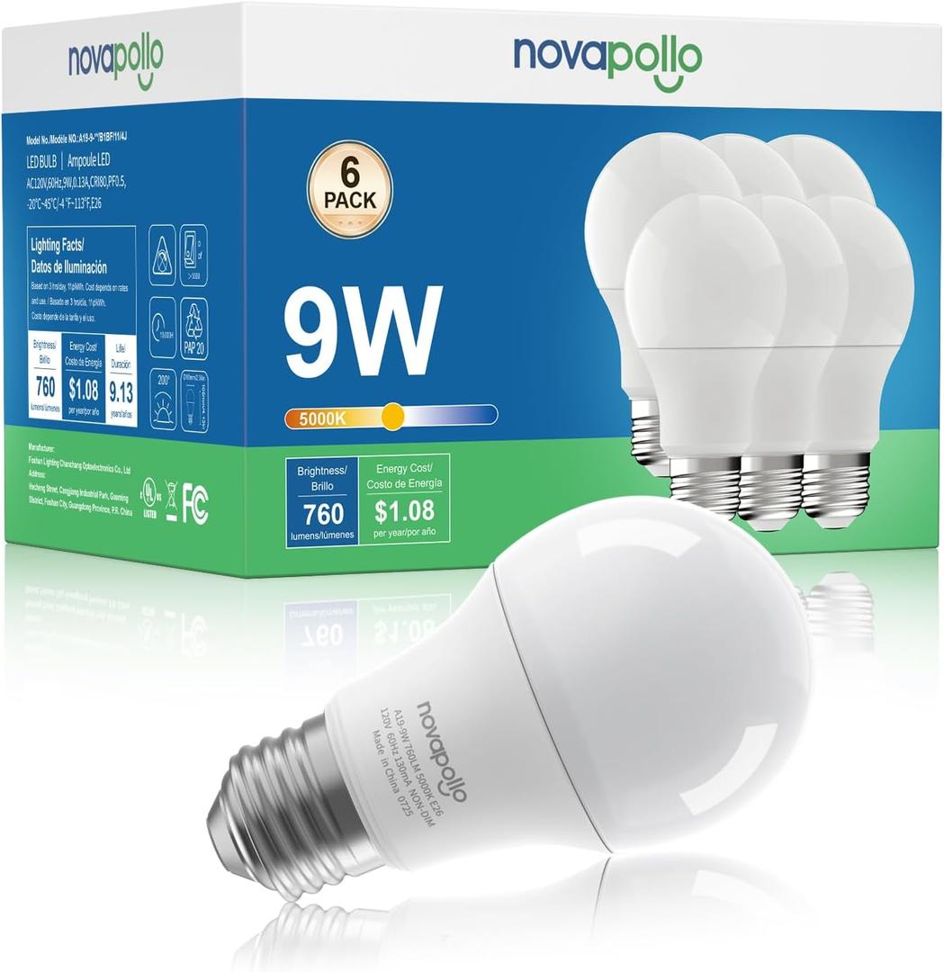 A19 LED Light Bulb, 60W Equivalent, Efficient 9W, 7 Year, 760 Lumens, Non-Dimmable, 5000K, Daylight White- 6 Pack