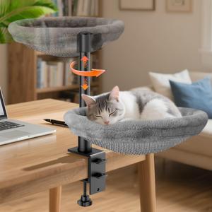 Cat Desk Bed, Cat Hammock for Home Office, 360Rotating & Adjustable Shelf, Removable Comfortable Soft Pet Nest Bed, Modern Unique Kitten Furniture Attachment for Game Tables, Grey