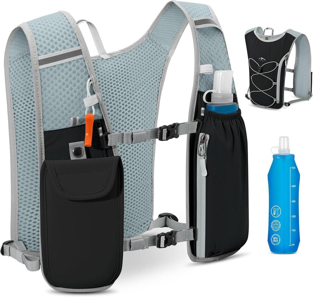 RAINSMORE Running Hydration Vest with 500ml Soft Flask, Waterproof Phone Pocket, Lightweight Hydration Pack, Adjustable No-Bounce Straps for Trail Running, Marathon, Cycling