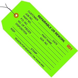 BOX USA BG20043 Inspection Tags, Pre-Wired, "Repairable or Rework", 4 3/4" x 2 3/8", Green (Pack of 1000)