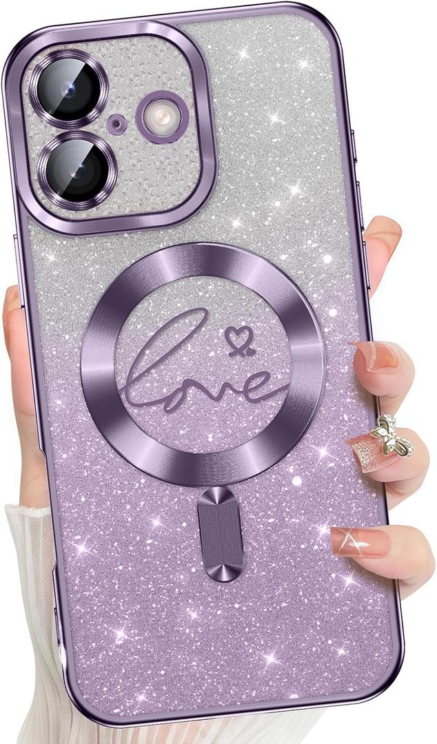 Misscase Magnetic Glitter Case for iPhone 17,Gradient Love Hearts Plating Phone Case Compatible with MagSafe,Built-in Camera Lens Protector,Cute Full Cover Protection Case for Women-Purple