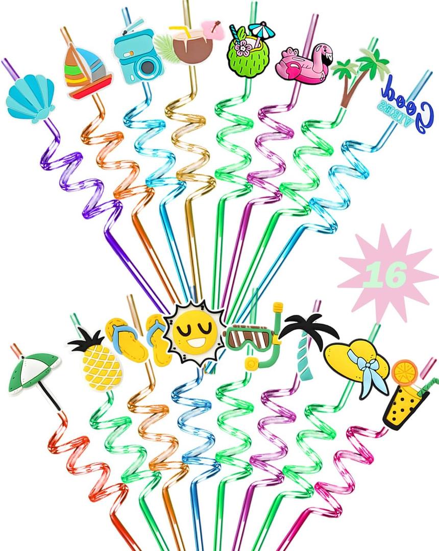 Reusable Drinking Straws for Kids - 16 Styles | Crazy Fun Silly Straws for Summer Pool Beach Party Favors & Decoration, Bulk Birthday Goodie Bag Stuffers