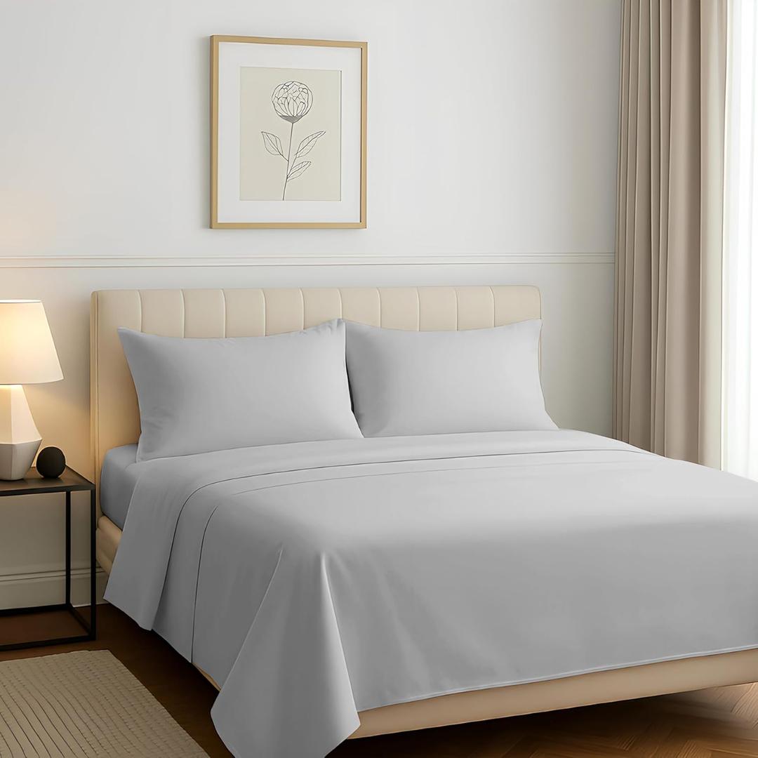 Carressa Linen 100% Egyptian Cotton Sheets King Size - Luxury 1200 High Thread Count Egyptian Cotton King Size Sheets Set (4 PC, Light Grey), Soft, Cooling, 17" Deep Pocket Sateen Weave Hotel Bedding