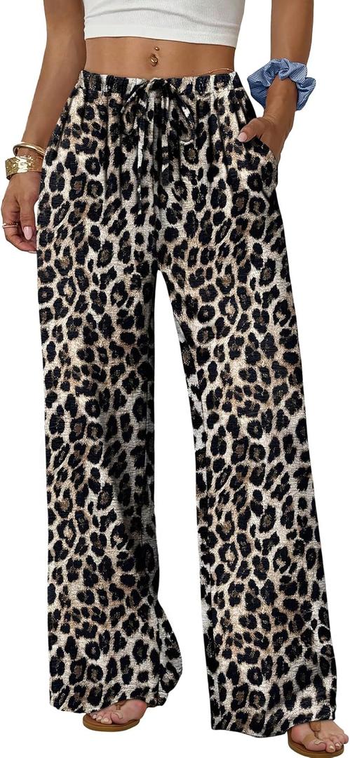 Sampeel Wide Leg Pants for Women Flowy Palazzo Drawstring Elastic Waist Trousers with Pockets Summer Beach Vacation Clothes (M)