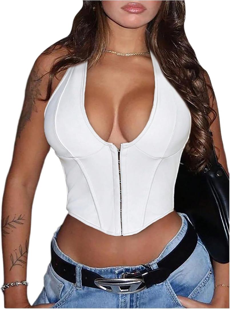 Floerns Women's Y2K PU Leather Halter Neck Hook Eye Backless Asymmetrical Party Crop Tank Top (X-Large, White)