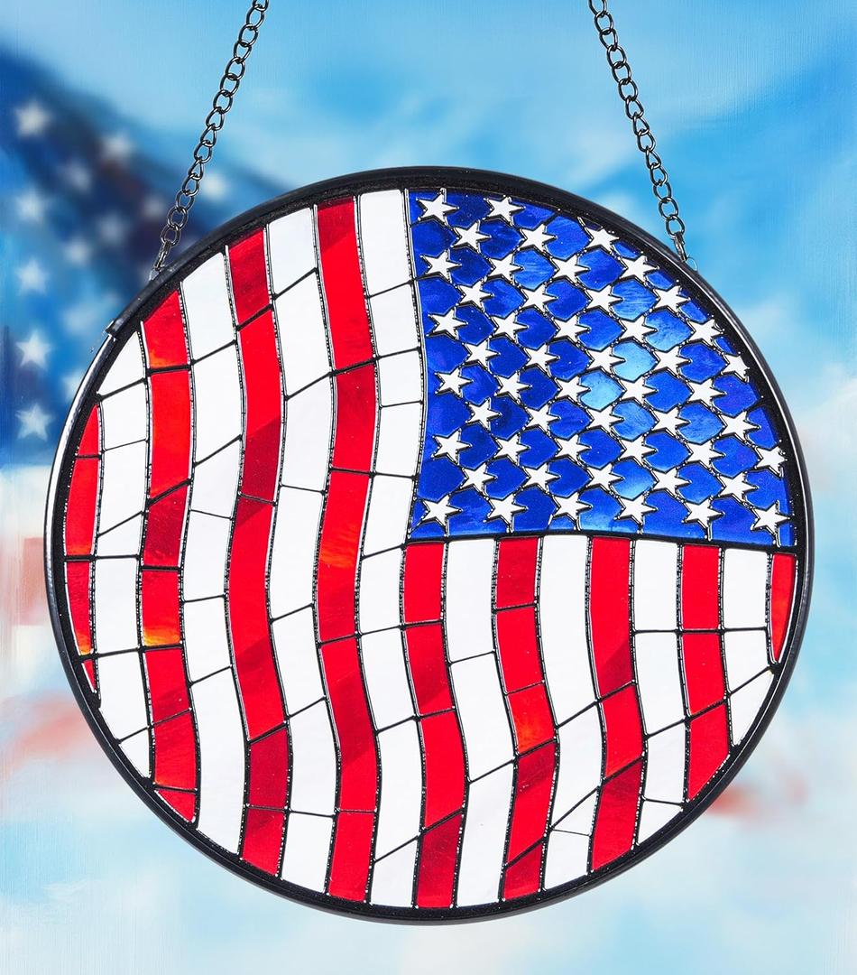Stained Glass Window Hanging Suncatchers with Patriotic American Flag 12.6", Vibrant Glass Panel with Metal Chain for Home Decor Gift for Women Mother's Day, Birthday, Men, and Mom