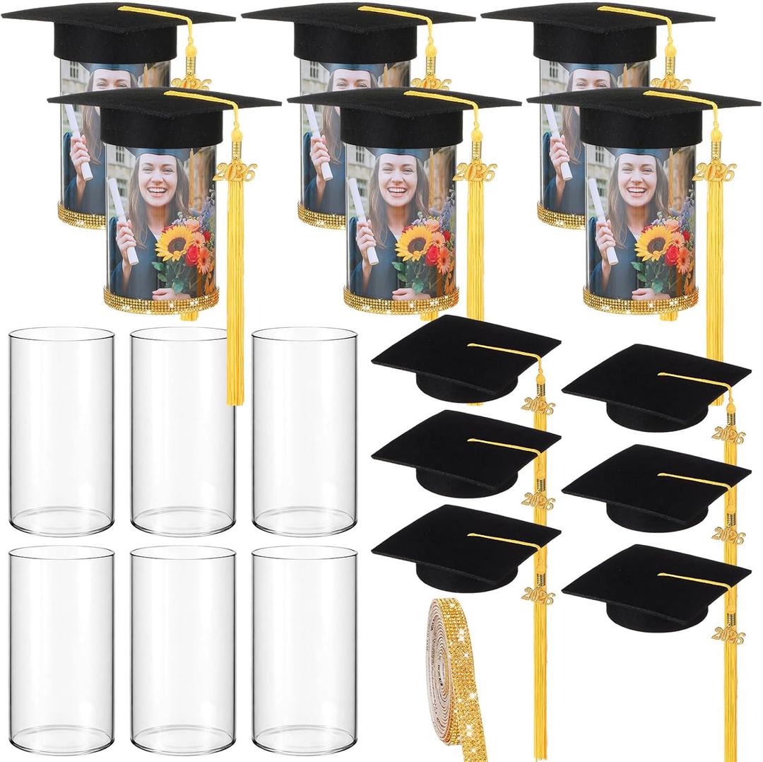 Novabright 6 Sets 2026 Graduation Photo Display Table Centerpiece Party Decoration Glass Cylinder Vase with Graduation Cap and Rhinestone Ribbon for Congrats Grad Ceremony Party Favor