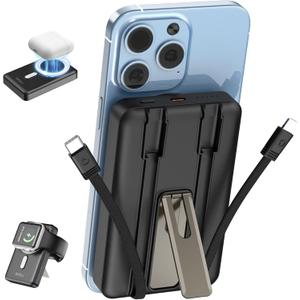 Wireless Portable Charger, 3-in-1 Magnetic Power Bank 10000mAh with USB-C/iOS Cable and Stand, 22.5W Fast Charging Battery Pack, Compatible with iPhone 16/15/14/13/12/Pro/Mini/Pro Max (Black)