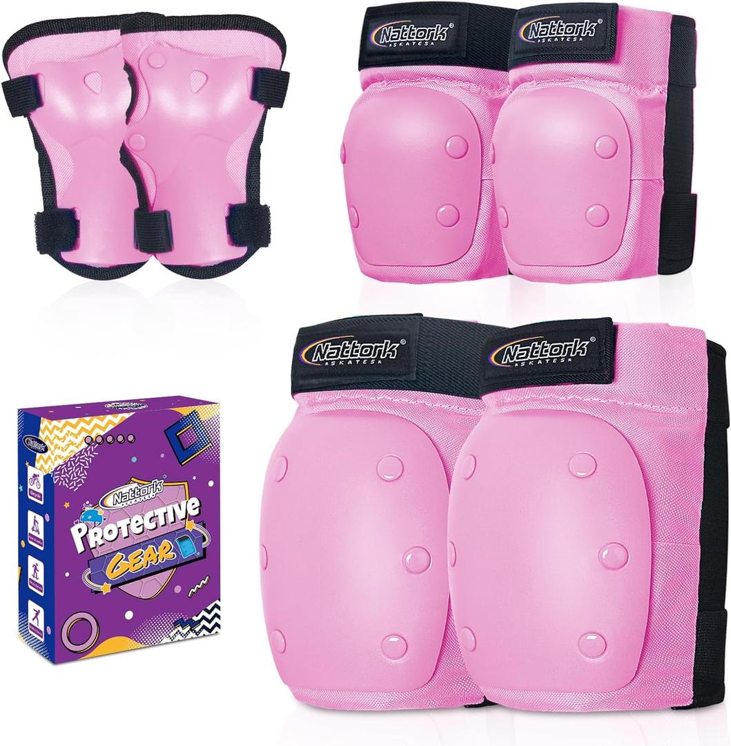 Nattork Knee Pads for Kids Youth AudltKnee and Elbow Pads with Wrist Guards 6 in 1 Protective Gear Set for Skateboard, Roller Skate, Inline Skates, Cycling and Scooter Boys Girls (M-Teens and Adults, Pink)