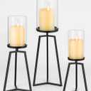 Sziqiqi Pillar Candle Holders Black: Set of 3 Metal Candleholder - Geometric Candle Stands with Hurricane Glass for Indoor Outdoor Dining Table Decor
