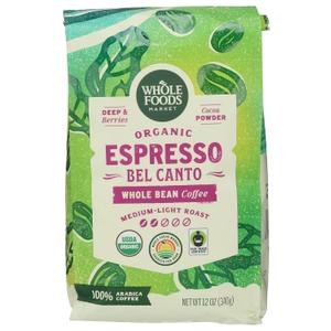 Whole Foods Market, Organic Espresso Bel Canto Whole Bean Coffee, Medium-Light Roast, Berries & Cocoa Powder, 12 Ounce (BB: 04/26/2025)